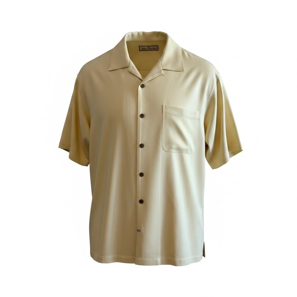 Tommy Bahama Men's Medium 100% Silk Yellow Herringbone Camp Shirt